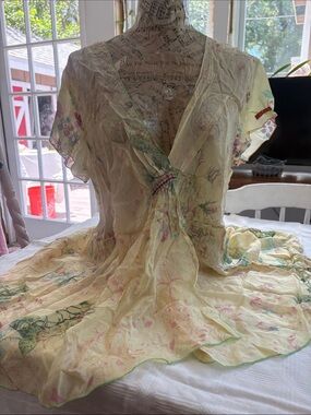 Johnny Was Pale Yellow Floral Sheer Tie-Front Tunic with Pastel Blooms